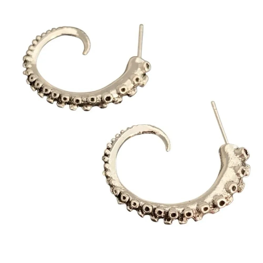 Octopus Squid Kracken Tentacle Hoop Earrings in Antique Silver Tone